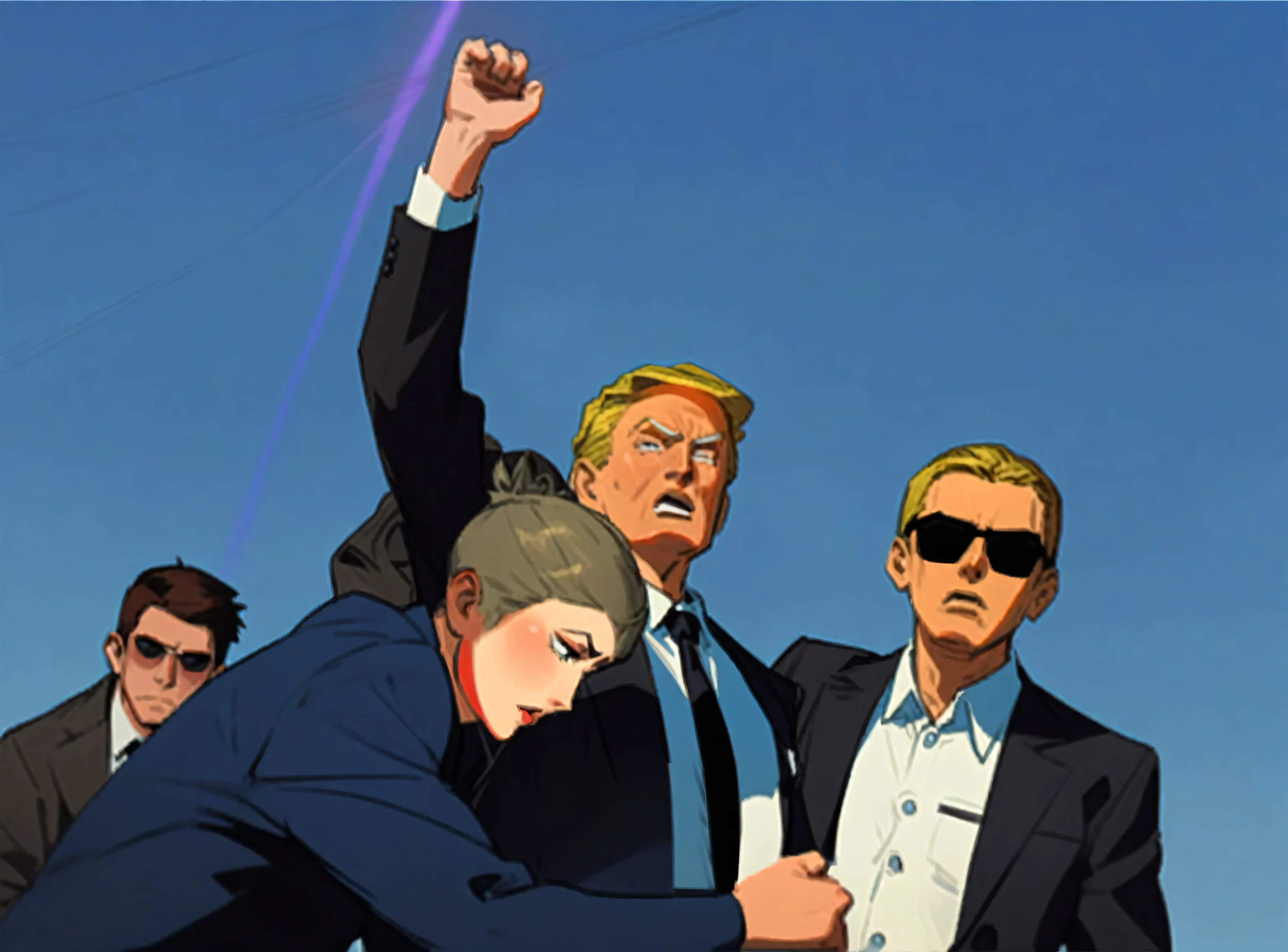 （Three women in suits）、Men wearing sunglasses standing together, Donald Trump in《Attack on Titan》middle, Donald Trump in Fortnite, phil noto 和 james jean, Donald Trump&#39;s, Donald Trump Fortnite Skin, Victory Pose, Donald Trump as Baron Harkonnen, otto schmidt, author：Tomer Hanuka, Donald Trump as Captain America, Phil Noto comic cover art