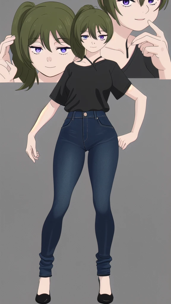 (masterpiece), best quality, high resolution, extremely detailed, detailed background, perfect lighting,ubel, medium hair, hair between eyes, green hair, side ponytail, (purple eyes:1.1), (t-shirt:1.5), denim shorts, pantyhose, collarbone, light smile, joyful eyes, cute pose, BREAK indoors, hot springs, BREAK looking at viewer, (cowboy shot:1.5), BREAK, (masterpiece:1.2), best quality, high resolution, unity 8k wallpaper, (illustration:0.8), (beautiful detailed eyes:1.6), extremely detailed face, perfect lighting, extremely detailed CG, (perfect hands, perfect anatomy), solo, hands on own hips,
((mature)), Ubel has become a mature woman, Realistic denim texture, chubby upper body but small breasts, dskubel, long hair, 1girl, solo, ((height 150cm)), thick thighs, Bow legs, Beautiful face but chubby face, Chubby ubel, Hands on hips, Stand up straight, ((Full body)), (low head 1.5), A little chubby body type and small breasts, masterpiece, tight denim pants, ((small breasts)), (thick legs), Full body+, Solo, Swollen face, 1 woman, navy blue Denim pants, thick thighs, low rise navy blue denim pants, solo, simple background, masterpiece, best quality, A chubby figure that seems real, smile, Middle-aged obesity, (big ass),