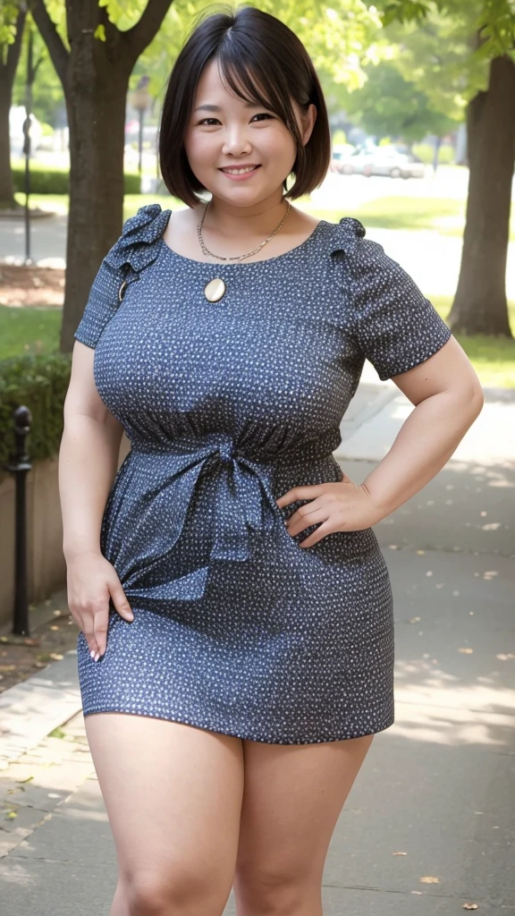 A beautiful and hot almost chubby mature woman.who is wearing a patterned short dress and is and standing in the park. A smiling face

