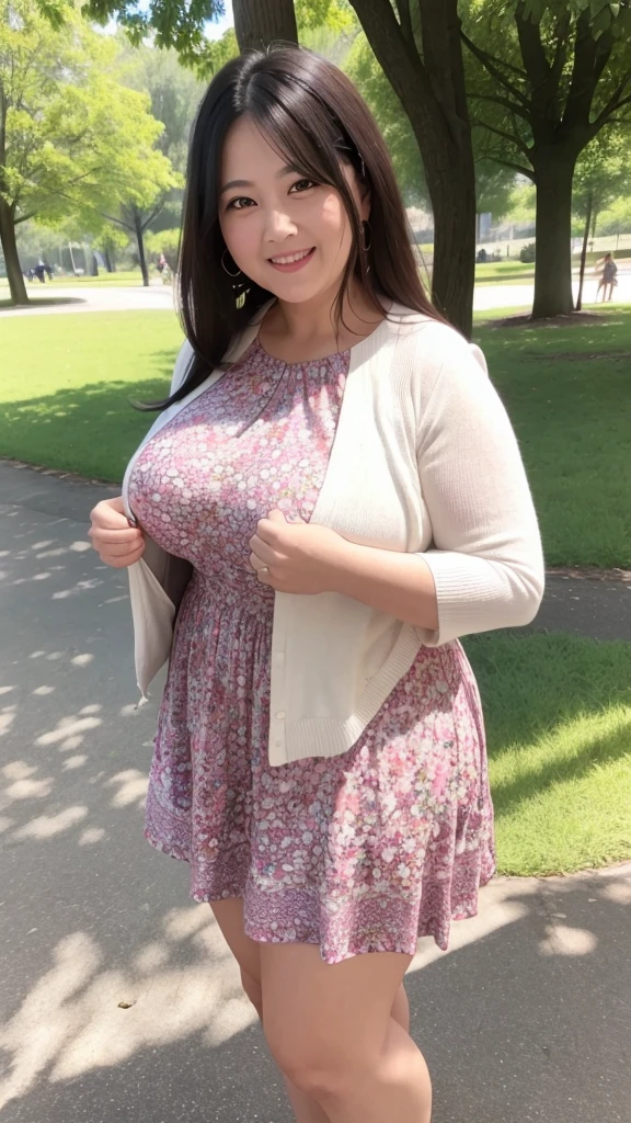 A beautiful and hot almost chubby mature woman.who is wearing a patterned short dress and is and standing in the park. A smiling face

