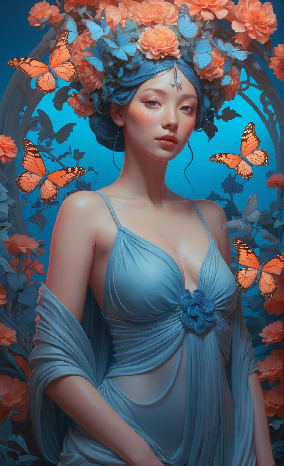Arabian woman with flower wreath and butterflies, James Jean and Urop, Beeple and James Jean, James Jean Soft Light 4K, James Jean Soft Light 4K, Weta Studios and James Jean, 3D neon art of female body, james jean artwork, JamesJean」, Inspired by James Jean, Beeple and Alphonse Mucha