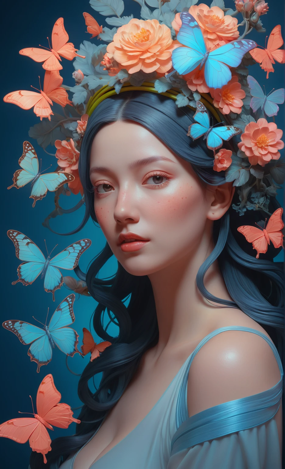 Arabian woman with flower wreath and butterflies, James Jean and Urop, Beeple and James Jean, James Jean Soft Light 4K, James Jean Soft Light 4K, Weta Studios and James Jean, 3D neon art of female body, james jean artwork, JamesJean」, Inspired by James Jean, Beeple and Alphonse Mucha