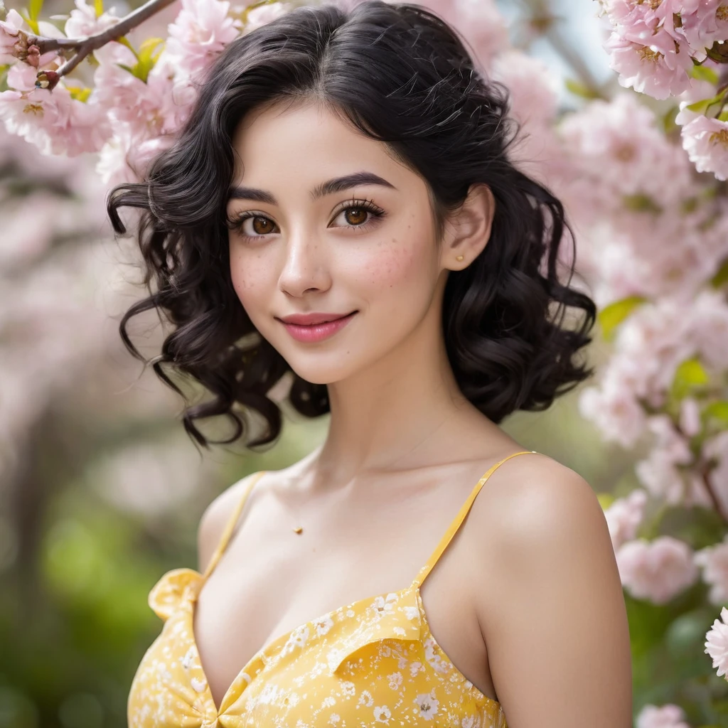 black hair, length below the shoulders,  with curls, girl, marked clavicle,skinny, Brown eyes, cachetona, splash nose,almond eyes, long eyelashes, thick fleshy and pink lips, big breasts, yellow dress with white flowers and a tender smile With light freckles 