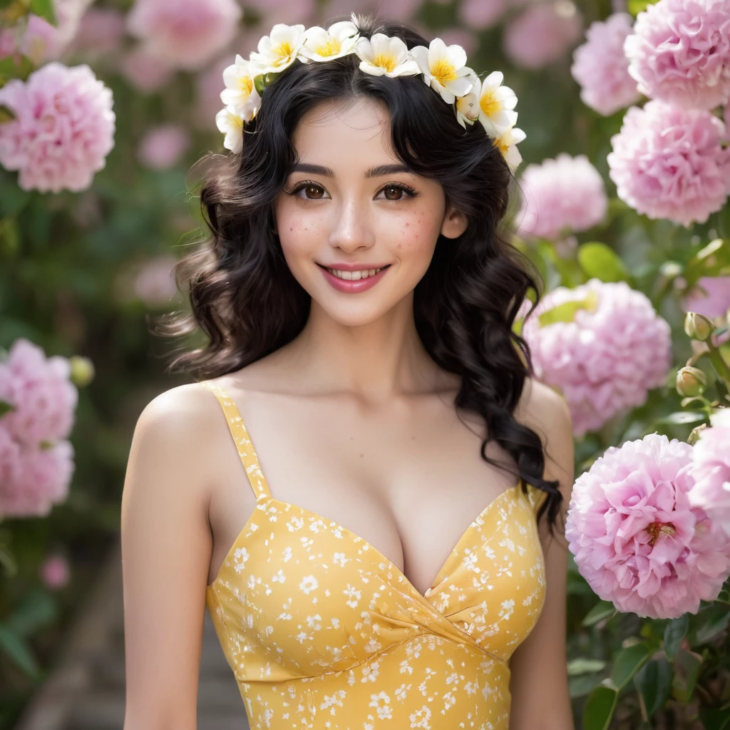 black hair, length below the shoulders,  with curls, girl, marked clavicle,skinny, Brown eyes, cachetona, splash nose,almond eyes, long eyelashes, thick fleshy and pink lips, big breasts, yellow dress with white flowers and a tender smile With light freckles 