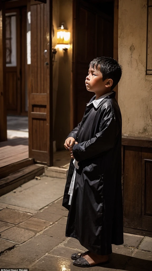  boy is dressed in simple traditional Bugis clothing, with muted colors and no accessories. looking pensive and sad , colosal place background