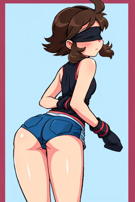 girl in spandex booty shorts, wearing oven mittens tucked in pockets, blindfold

