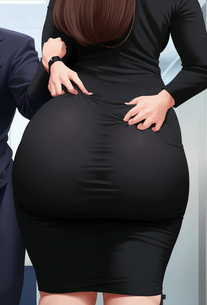 A close-up of just the woman's big ass. In an office environment. A woman with wide hips, and a big thick ass is wearing a tight black dress. She is walking beside a man in a suite. The man is groping, squeezing, and grabbing her big ass.