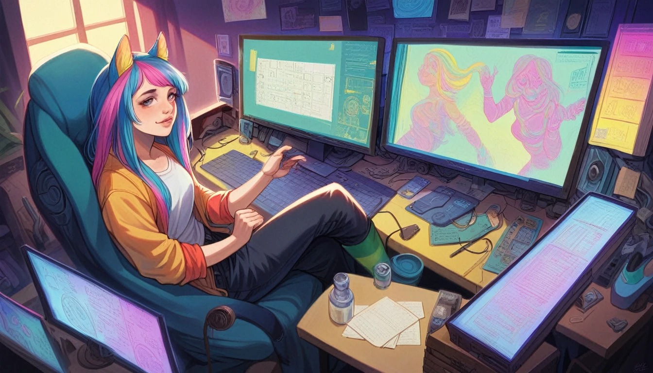 (best quality, masterpiece, ultra detailed, ultra high res, photorealistic, raw photo, absolutely resolution), Cyberpunk, 20 year old woman, sitting on a chair and working on a computer, mechanical room, neon, ((Colorful rooms, colorful clothes, colorful hair colors))