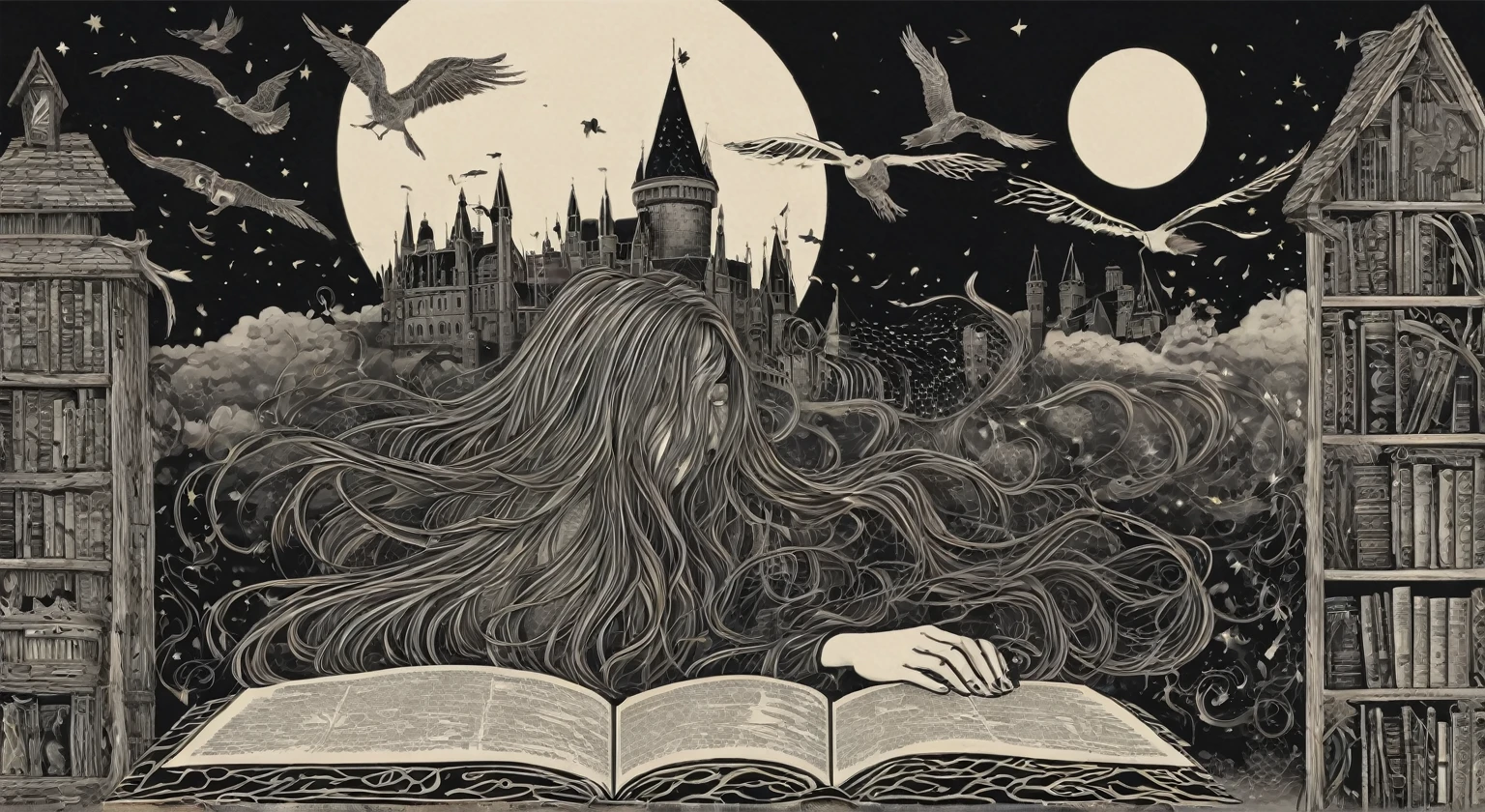 a surreal abstract woodblock print, With the theme "movie theme, series and books with reference to Harry Potter, anne de greem gables e dark academy" long hair with face and glasses