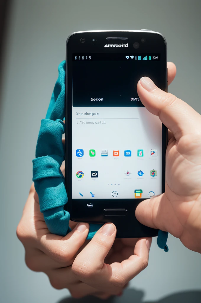 Hand holding android cell phone without background