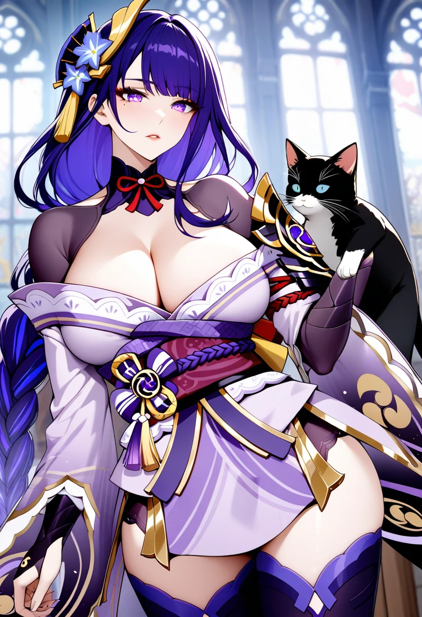 masterpiece, best quality, very aesthetic, absurdres, 1girl, mature_lady, looking at cat, a cat on her head,upper body,raiden_shogun,raiden_shogun (genshin impact), dark purple hair, long hair, single braid, hair ornament, hair, big breasts, purple eyes, sharp eyes, long eyelashes, cleavage,zettai ryouiki, (tight dress), kimono, cleavage, lighht purple kimono, detailed kimono, leggins, black leggins, black ppantyhose,,in a church,cathedral,blur background,background defocus