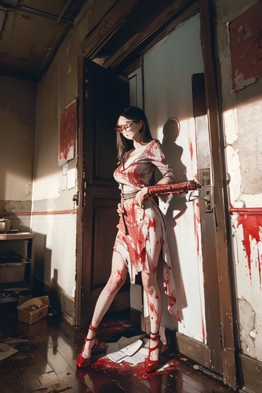 Highest quality、masterpiece、High sensitivity、High resolution、Detailed Description、Slender women、Glasses、Blood on the walls、With a chainsaw、Standing posture、Blood splatter、