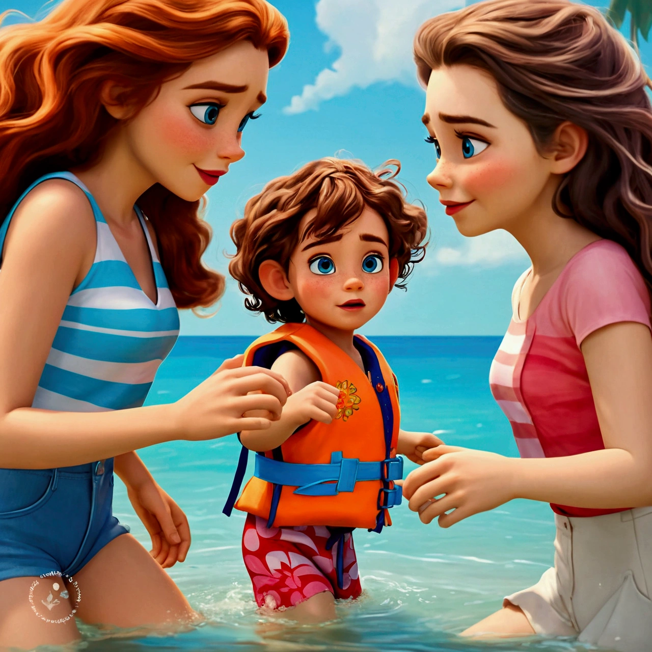 cartoon of two women one on each side pulling the hand of a in the middle of them, On a beach, sunny day, and the woman with the same may, high quality Disney animation style