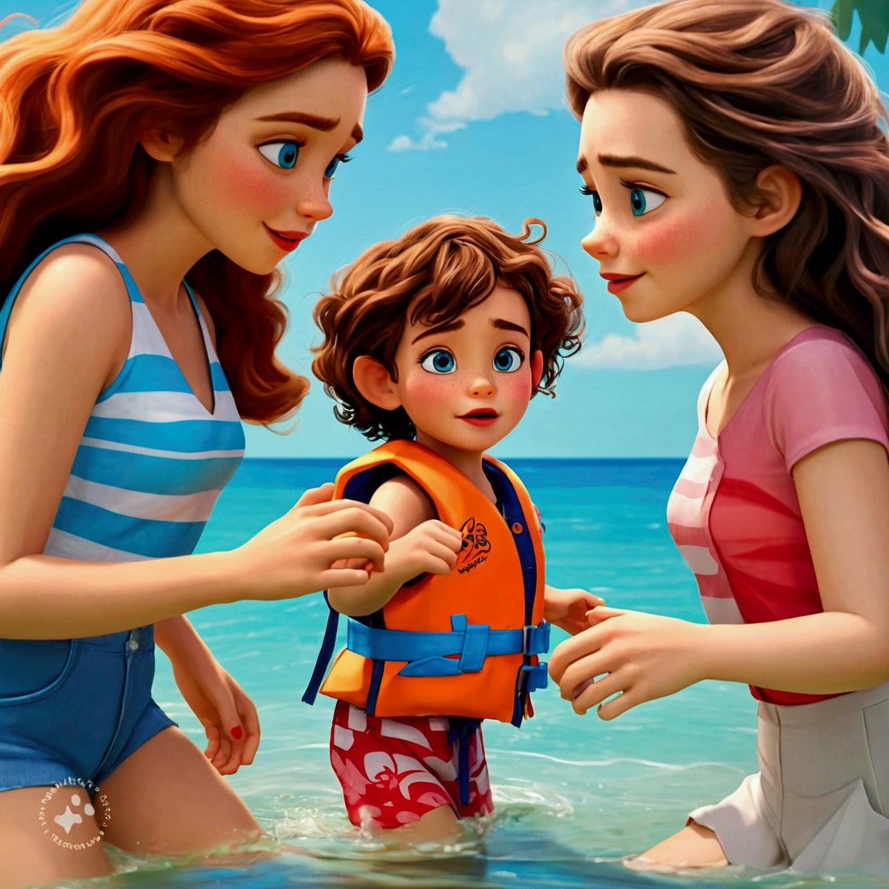 cartoon of two women one on each side pulling the hand of a in the middle of them, On a beach, sunny day, and the woman with the same may, high quality Disney animation style