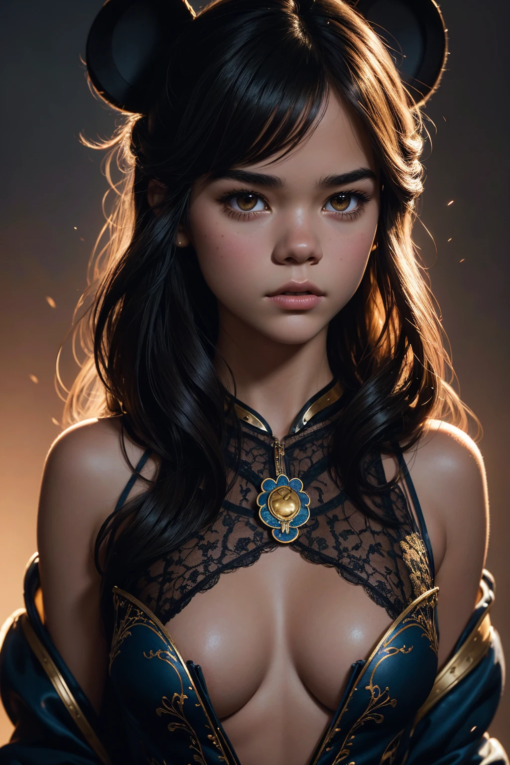 36k, portrait Maia Mitchell, wearing breasts Mickey Mouse costume, against the background of Disney Castle, character portrait, 8 9 9 0 s, long hair, intricate, elegant, highly detailed, digital painting, artstation, concept art, smooth, sharp focus, illustration, art by wlop, charlie bowater and alexandra fomina