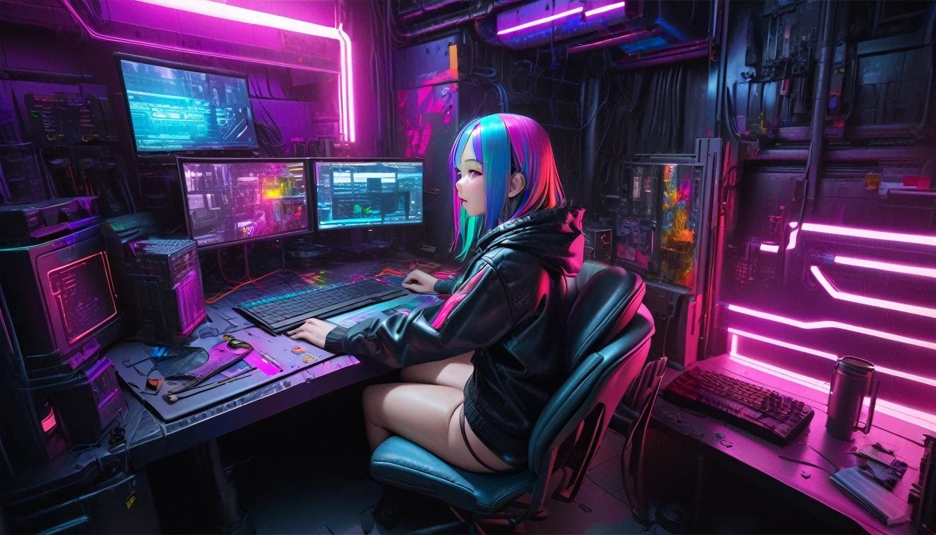 (best quality, masterpiece, ultra detailed, ultra high res, photorealistic, raw photo, absolutely resolution), Cyberpunk, 20 year old woman, sitting on a chair and working on a computer, mechanical room, neon, (Colorful rooms, colorful clothes, colorful hair colors)