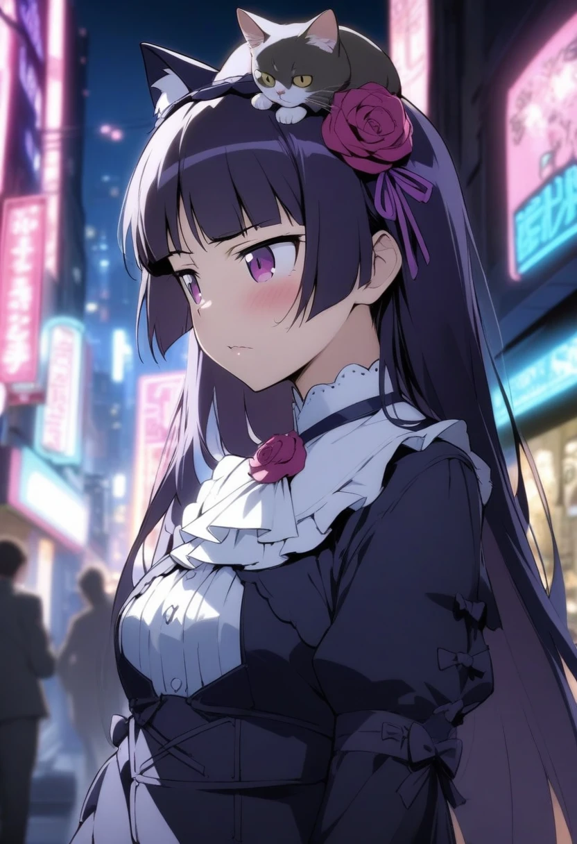 masterpiece, best quality, very aesthetic, absurdres, 1girl, mature_lady, looking at cat, a cat on her head,upper body,gokou ruri, ore no imouto ga konna ni kawaii wake ga nai, hair flower, gothic ta,,Cyberpunk City, Street, Night, neon light, neon sign,,blur background,background defocus
