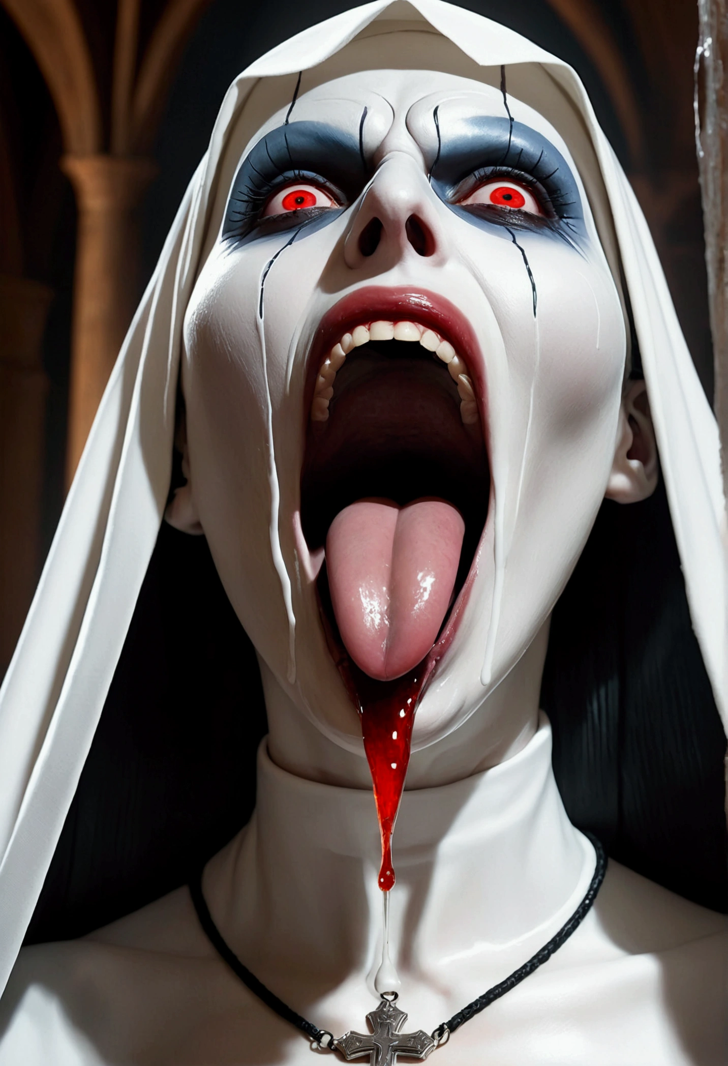 Creepy SEXY bonnie aarons valak, Sexy Valak, Valak Huge BREAST, Bonnie Aarons the body is wet with a transparent white and viscous liquid, sticking his tongue out with an erotic facial expression, Fat Vaginal, The nun, Red Eye, Very Long Tongue, Cum in Tongue, Sperm in Tongue, Wet Tongue, Wet Very Huge Breast