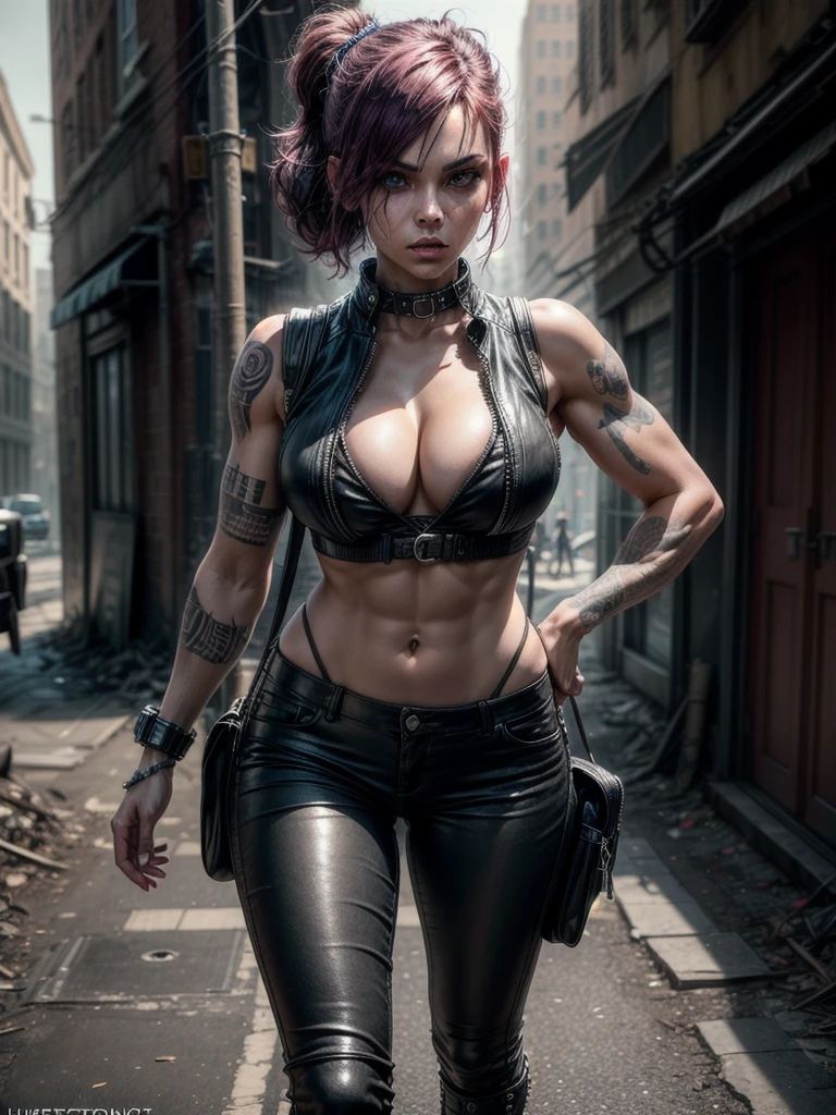 full body shot, super muscular build and medium chest.,wearing an open black leather vest.., tight pants, and heavy boots, She has a punk rock look and pixie hairstyle. Her tattoos all over her body highlight her hardened character..., Hyperrealistic Bonnie Rotten close-up photo, masterpiece, Best quality, (Photorealistic:1.4), Create dystopian masterpieces. Depict a cityscape in the gritty style of game concept art.. This work should evoke a sense of abandonment and despair in a futuristic world., post-apocalyptic world. Pay attention to the subtleties of detail, sharp focus.