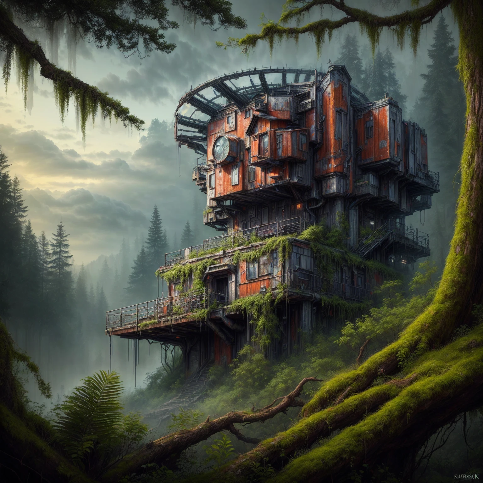 Painting of a red and black house in the middle of a forest, cyberpunk tree house, Science-Fiction-Fantasie-Tapete, Science-Fiction-Fantasy-Kunst, Science-Fiction-Kunstwork, mystical sci-fi concept art, detailed Science-Fiction-Kunst, 4k highly detailed digital art, Science-Fiction-Kunst, Science-Fiction-Kunstwork, Sci - Fi Artwork, Science-Fiction-Kunst