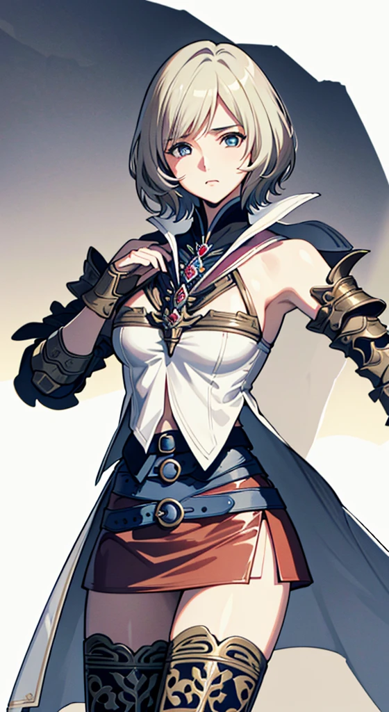 dithering,,cowboy  shot,(Studio Lighting,the golden ratio,masutepiece, of the highest quality, Best Quality, Official art, Beautiful and aesthetic:1.2), ighly detailed, Colorful,highest details,Illustrations, fantastical scenes, (astonished face,Surprised face,Adults,age19,1girl in, Solo, Final Fantasy 12,Ashelia, shorth hair, short-hair,Ashelia Costume, Colossal , a miniskirt,knee sox, thighs thighs thighs thighs, jewely, Blue belt,Number on one of the belts),Line of action(White background:1.3)