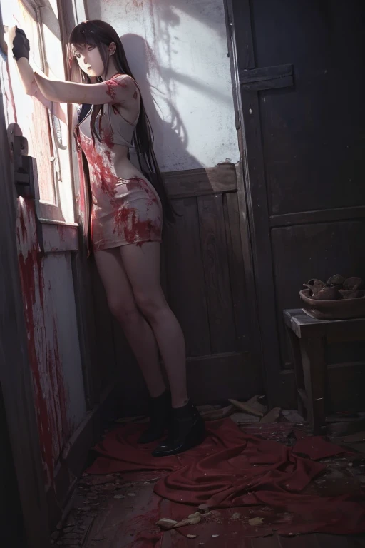 Highest quality、masterpiece、High sensitivity、High resolution、Detailed Description、Slender women、Blood on the walls、With a chainsaw、Standing posture、Blood splatter、