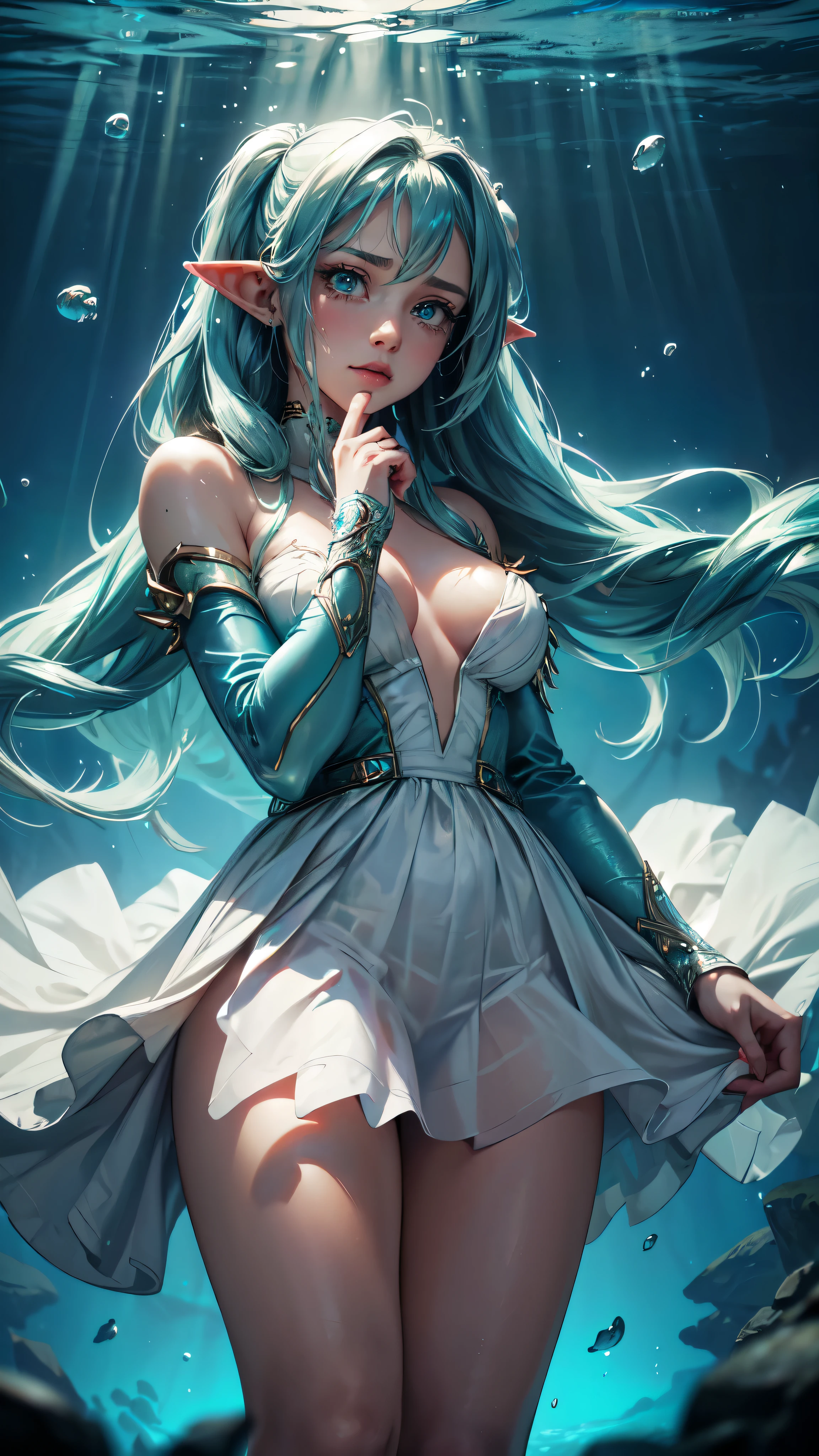 master part, best quality, high qualiy, angle from top, high angle, staring overhead:1.2, 1girl, floating girl, coiled position, nada no sea background, (((deepsea))), (((underwater))), (((fully body))), flowing hair, floating hair, blue green hair, Super Long Hair, super long twin tails, close eyes, long eyelashes, (((Grieving, cryinso, cryin))), fantasy color, color rendering, Light and Shade, wet liplack short dress, no-sleeves dress, Fundo dazzling, pillars of light, lightning strikes, rich colors, dreamy, Stardust, nobleman, chic, ((creative, very high quality images, too)))), ((Aurora, cristal gigante, magic ray, rich colors, Tyndall effect))), dazzling, dreamy, Dynamic, super detaill, 8K, Magnificent, Epic composition, details Intricate, engine unreal, imagem de fully body, bubble, AngelT, jellyfish, light beam, mistic, awesome, undersea, [retrato de fully body] atmosphere, right proportions, delicate beauty (extreme detail, portrait of delicate facial features, delicate representation of hair, Delicate Ocular Representation), (Extremely delicate CG) sea background, blisters, Volumetric lighting, better shadows, shallow depth of field, Portrait of incredibly beautiful, Delicate beautiful attractive face with seductive eyes, fine detailed eyes, highly detailed fine art, (finely detailed beautiful eyes and detailed face), delicate representation of facial features, (extremely high quality, Amazing details:1.25), (standing alone:1.3), Brightly Colored Paintings, (aesthetic), (Beautiful), (Professional angle), (Female One), (Woman), (female), (Beautiful), (feminine features), (16 yrs old), standing alone, 1womanl, dramatic light, beautiful hands, two hand, normal hands, two arms, Complete hands, Body cute, cute toes, normal fingers, five toes, (thumb, indicator finger, ring finger), beautiful ears, normal ears, Beautiful eyes, glare eyes, Beautiful Mouth, beautiful lips,detailed face, detailed eyes, detailed handssexy woman,elf girl, full body
