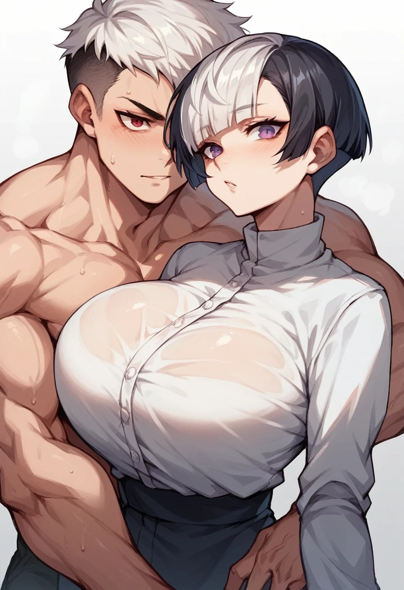 1 girl pixie cut white hair purple eyes, Japanese huge breast sexy fit body white skin short grinding against 1 boy tall long black hair red eyes muscular