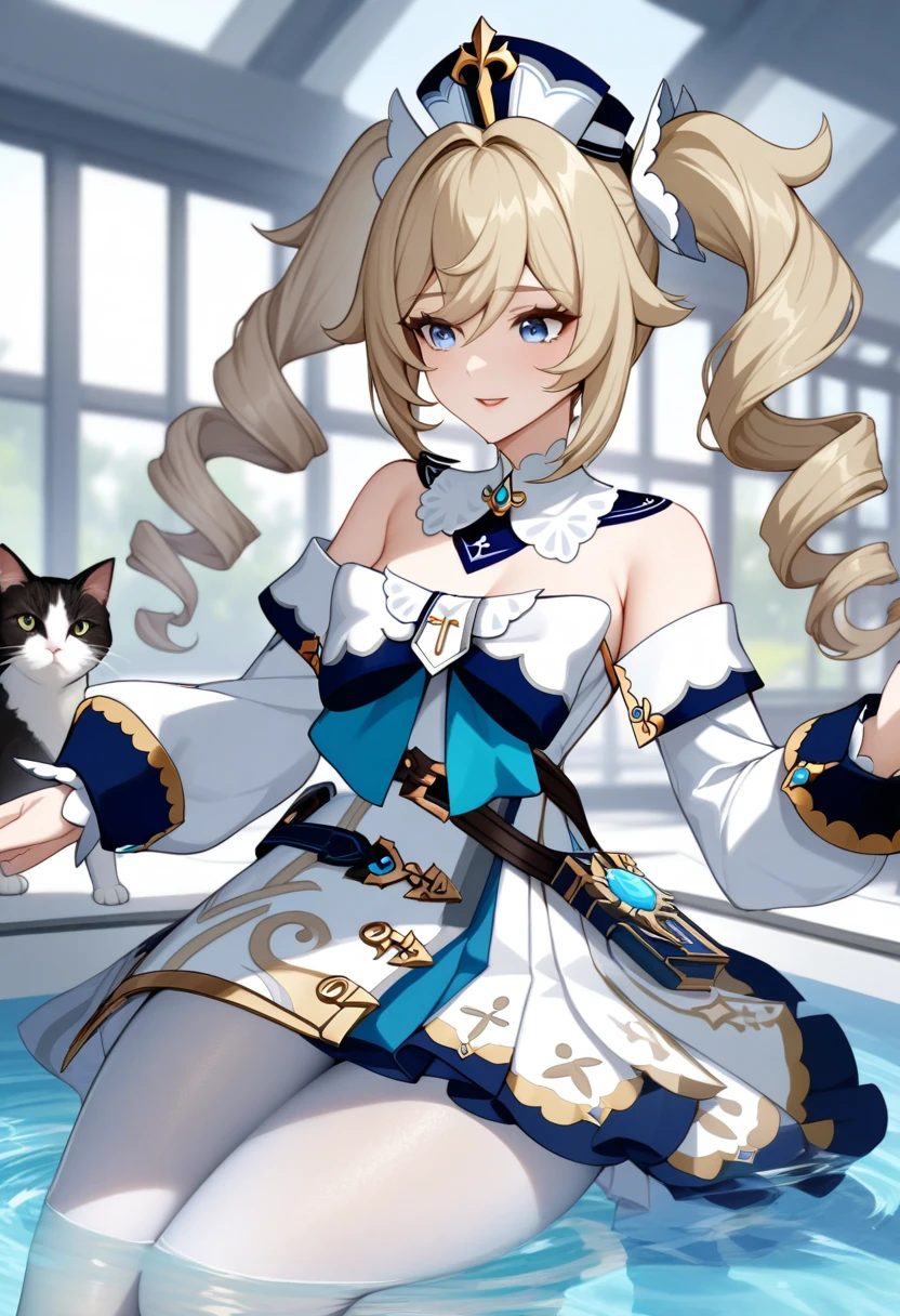 masterpiece, best quality, very aesthetic, absurdres, 1girl, mature_lady, looking at cat, a cat on her head,upper body,barbara_(genshin_impact), genshin_impact, 1girl, blonde_hair, blue_eyes, drill_hair, hair_between_eyes, long_hair, twin_drills, twintails, bare_shoulders, detached_sleeves, dress, long_sleeves, pantyhose, white_dress, white_pantyhose,in swimming pool,floating_clothes