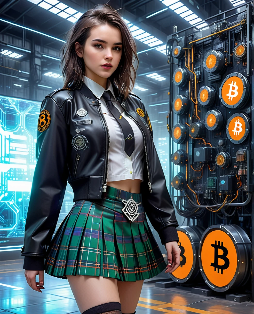 A beautiful girl in cyberpunk jacket and female traditional scottish style skirt in modern pleated tartan kilt and she is in a futuristic financial operations hall with highly technological miners mining Bitcoin, the Bitcoin symbol in a technological and electronic scenario, cyberpunk and futuristic, Science fiction, hightech, photo realist, best qualityer
