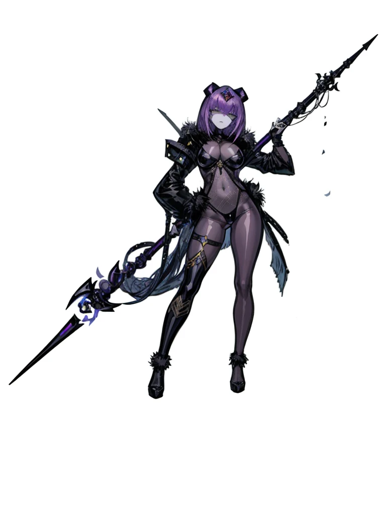 1girl ,pale skin,latex, amethyst hair, amethys eyes, arctic warrior, polar, sacred spear, nice clothes, (high resolution, high detail, best quality), calm