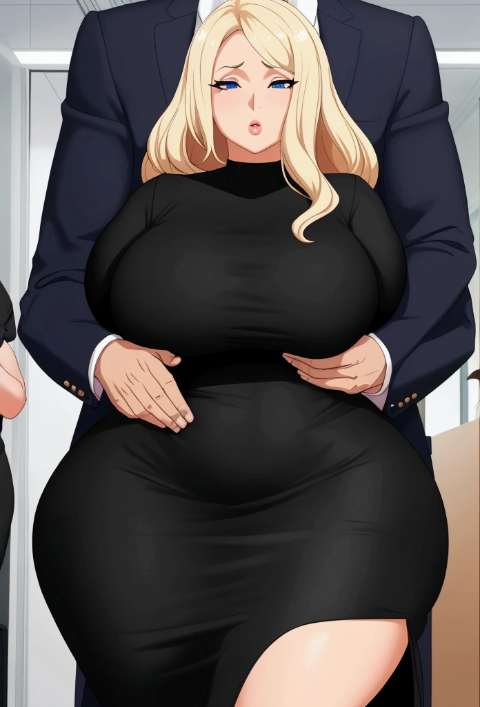 A close-up of just the woman's big ass. In an office environment. A woman with blonde hair and wide hips, and a big thick ass is wearing a tight black dress. She is walking beside a man in a suite. The man is groping, squeezing, and grabbing her big ass.