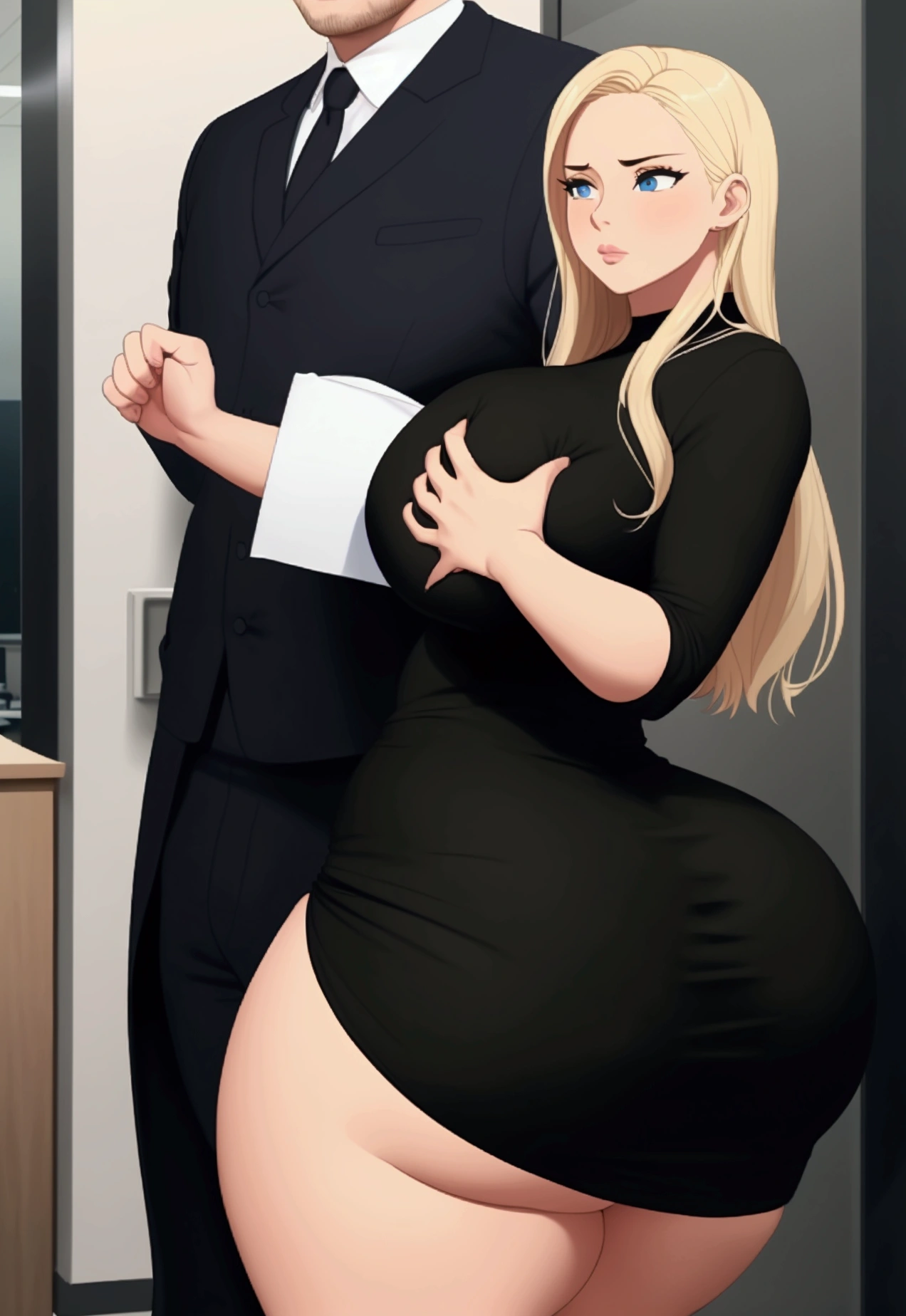 A close-up of just the woman's big ass. In an office environment. A woman with blonde hair and wide hips, and a big thick ass is wearing a tight black dress. She is walking beside a man in a suite. The man is groping, squeezing, and grabbing her big ass.