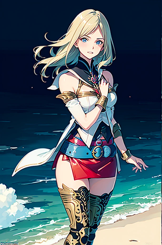 (masutepiece, of the highest quality, Best Quality, Official art, Beautiful and aesthetic:1.2), ighly detailed, Colorful,highest details,Illustrations, fantastical scenes, 1girl in, Solo, (Final Fantasy 12,Ashelia, shorth hair, Ashelia Costume, Colossal , a miniskirt,knee sox, thighs thighs thighs thighs, jewely, Blue belt,Number on one of the belts), Multiple poses and expressions, gritted teeth, Heavy breathing, move chart,Medieval fantasy