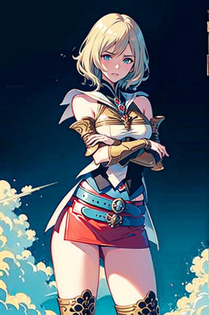 (masutepiece, of the highest quality, Best Quality, Official art, Beautiful and aesthetic:1.2), ighly detailed, Colorful,highest details,Illustrations, fantastical scenes, 1girl in, Solo, (Final Fantasy 12,Ashelia, shorth hair, Ashelia Costume, Colossal , a miniskirt,knee sox, thighs thighs thighs thighs, jewely, Blue belt,Number on one of the belts), Multiple poses and expressions, gritted teeth, Heavy breathing, move chart,Medieval fantasy