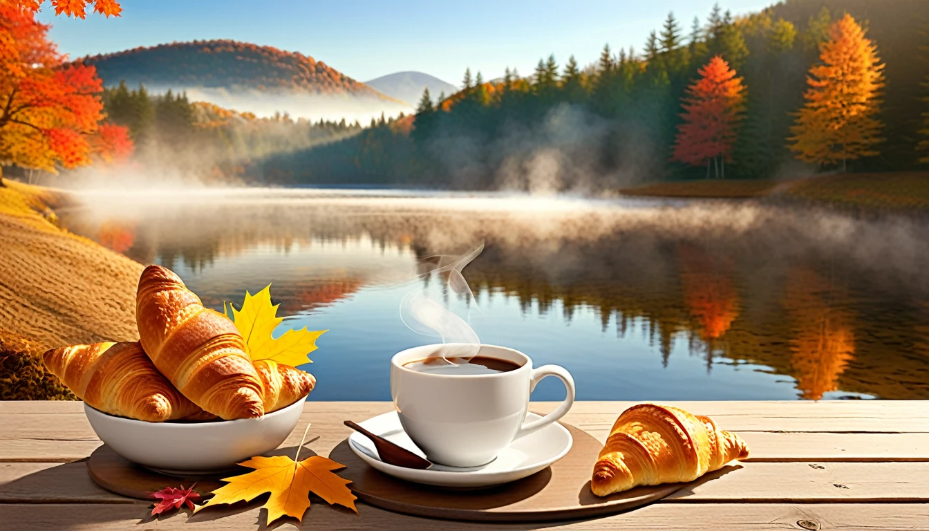 Create an image of a tranquil fall morning scene featuring a steaming cup of hot beverage on a rustic wooden table, accompanied by freshly baked croissants and falling maple leaves, with the backdrop on top of a tranquil hill and below a forest covered lake bathed in the warm glow of the rising sun.