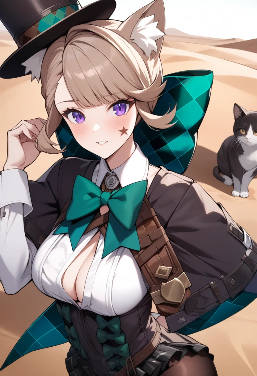 masterpiece, best quality, very aesthetic, absurdres, 1girl, mature_lady, looking at cat, a cat on her head,upper body,Lynette, animal ear fluff, Animal ears, Cat ears, facial mark, Hair Bow, Purple_eyes, Brown hair, Star, Star on cheek, bow, green bow,  Leotard, Long sleeves, miniSkirt, pantyhose, top_hat,,in desert,floating_clothes