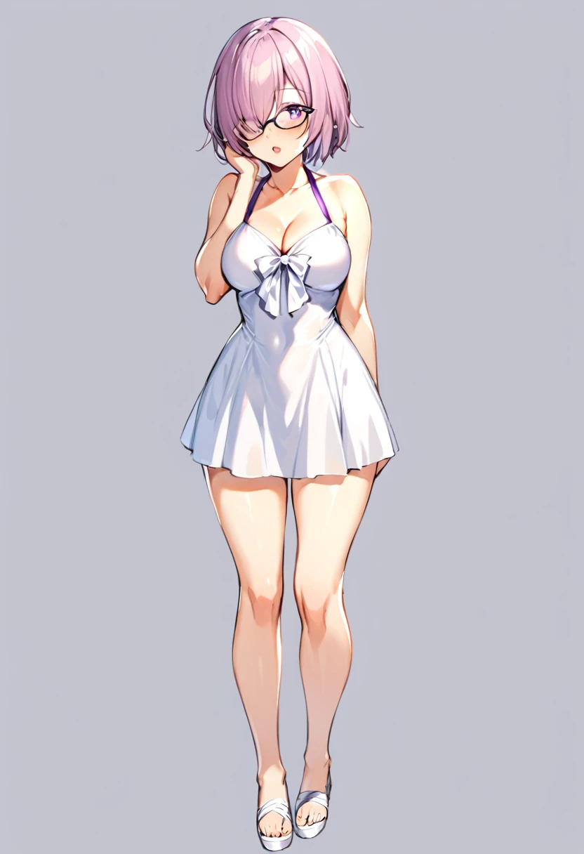 1girl,mash_kyrielight_(swimsuit_of_perpetual_summer),full body,glasses,dress swimsuit,bow swimsuit,open mouth,looking to the side,white background,white panties,simple background,standing,official alternate costume,hand on own cheek,white dress,mature female,toenails,