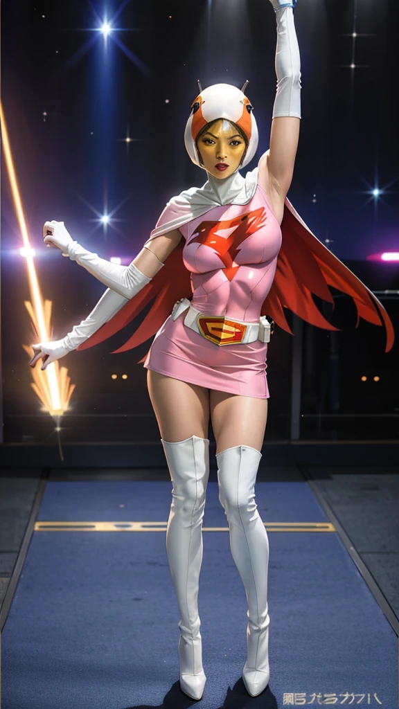 Year_Classic_Jun_Gatchaman_myself,One girl, 15Year間,Excellent anatomy, masterpiece, Highest quality,Realistic, hyper Realistic, 16k hdr, Long Hair,chest,lips,large chest,lipstick,compensate,gloves,Cape,Helmet,belt,elbow gloves,white gloves,mask,Ultra mini skirt,leotard,Spacesuit,White tight over-the-knee high heel boots,Pink Dress,Superhero,Bodysuits,chestの谷間,Erect nipples,(Standing pose,Front view),(Spread your legs:1.1),Camel Toe