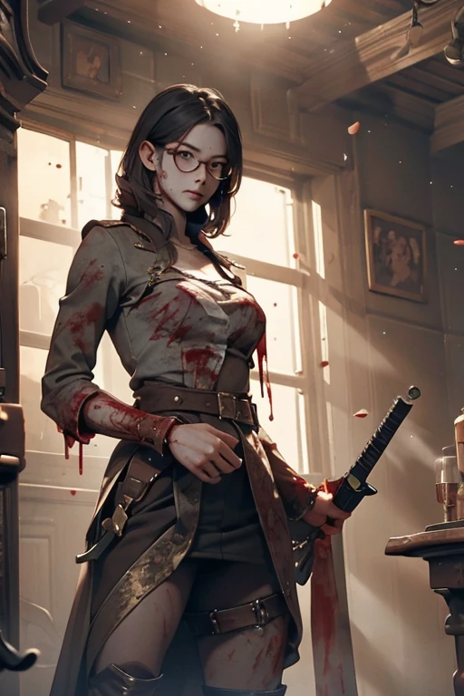 Highest quality、masterpiece、High sensitivity、High resolution、Detailed Description、Slender women、Glasses、Blood on the walls、With weapons、Standing posture、Blood splatter、