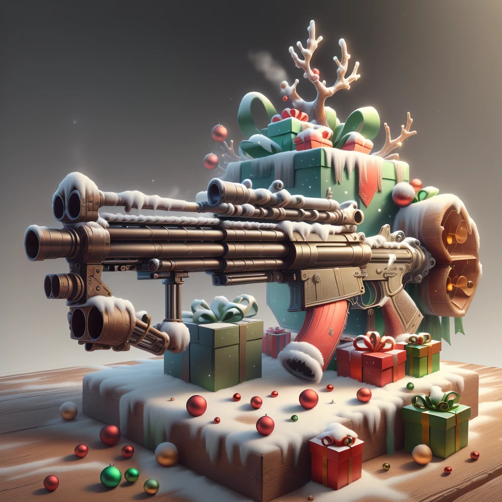 scifi, XmasTech,
 (rifle on table) , (simple background:1.3), , product commercial,