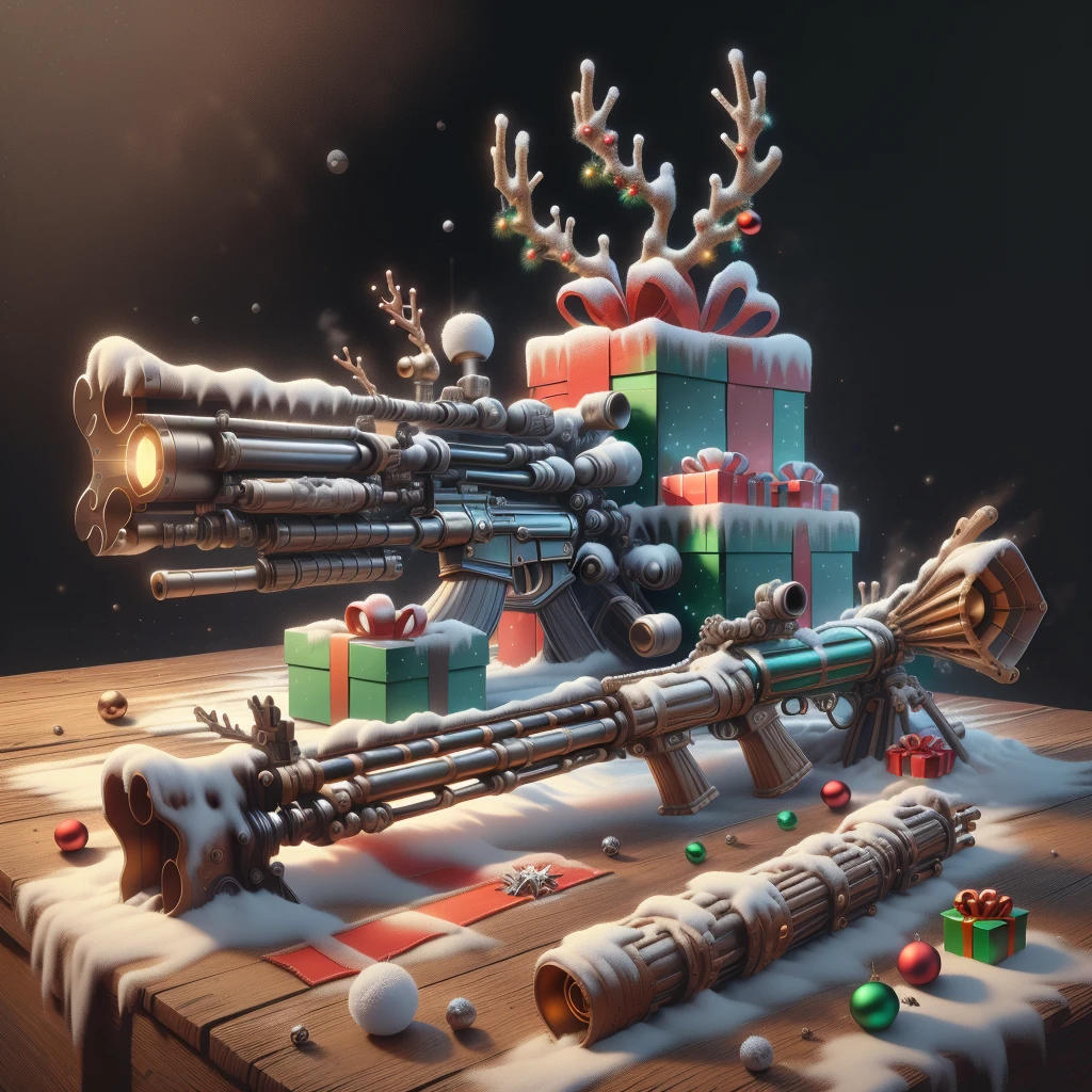 scifi, XmasTech,
 (rifle on table) , (simple background:1.3), , product commercial,