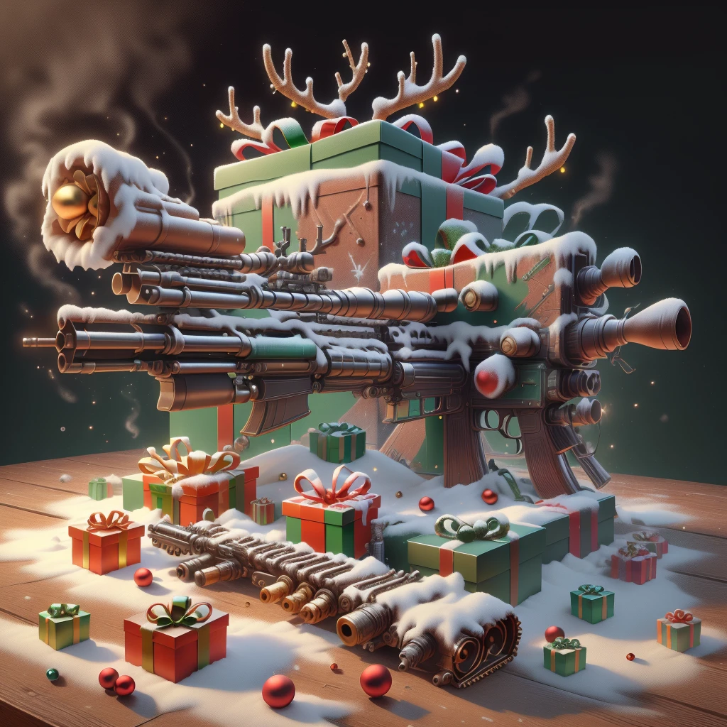 scifi, XmasTech,
 (rifle on table) , (simple background:1.3), , product commercial,