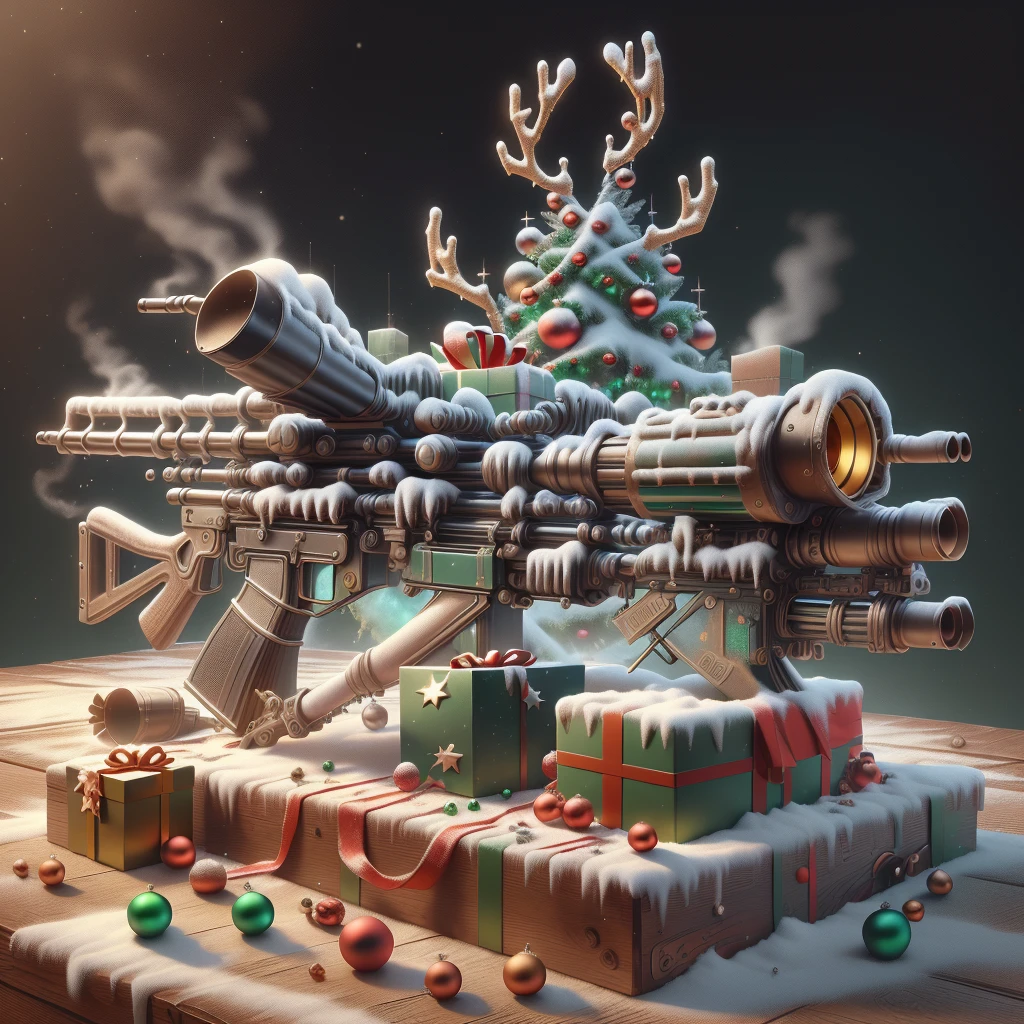 scifi, XmasTech,
 (rifle on table) , (simple background:1.3), , product commercial,