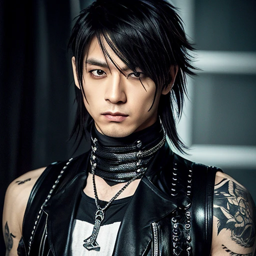 1 japanese male rocker, asien eyes, Visual Kai hairstyle, ultra detailed face and body, hyperrealistic, realistic representation, muscular, broad shoulders, tattoos gothic style, Visual Kei style, hairstyle Visual Kei, blond, 40 years old, age 40 outfit gothic streampunk, men's shirt and black pants, Asian eyes, eyes Asian, long hair, long hair
