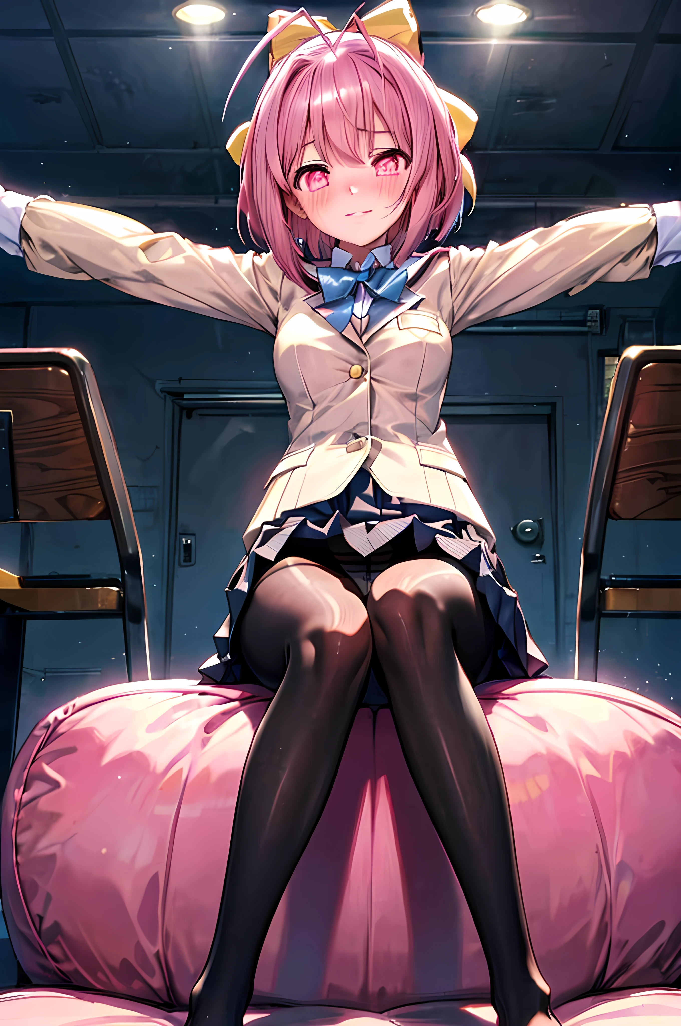 Top quality, masterpiece, 8K超High resolution, Highest quality, Super detailed, Awards:1.2, anatomy Perfect:1.2, (whole body), front, Symmetric, Mature schoolgirl, alone, (whole body from head to toe), Small breasts, ((hmkanon, Very beautiful bright pink very short hair, Antenna Hair, hair bow, Beautiful pink eyes:1.2)), cute, Enchanting, smile, Blushing, cry, Puzzled, A guilty look, sad, confusion, BREAK (black tights), ((Black Pantyhose)), Black Pantyhose, (composition where she is made to sit and lift her foot and make her foot open), (Put your arms behind your back), composition Showing white panties, slender beautiful foot, Very beautiful 20 year old girl (No shoes) foot), Blushing, Shy big eyes, looking at the camera, High School Uniform Blazer, High school uniform white blouse, High school with blue ribbon, High length with short check pattern and navy pleated skirt