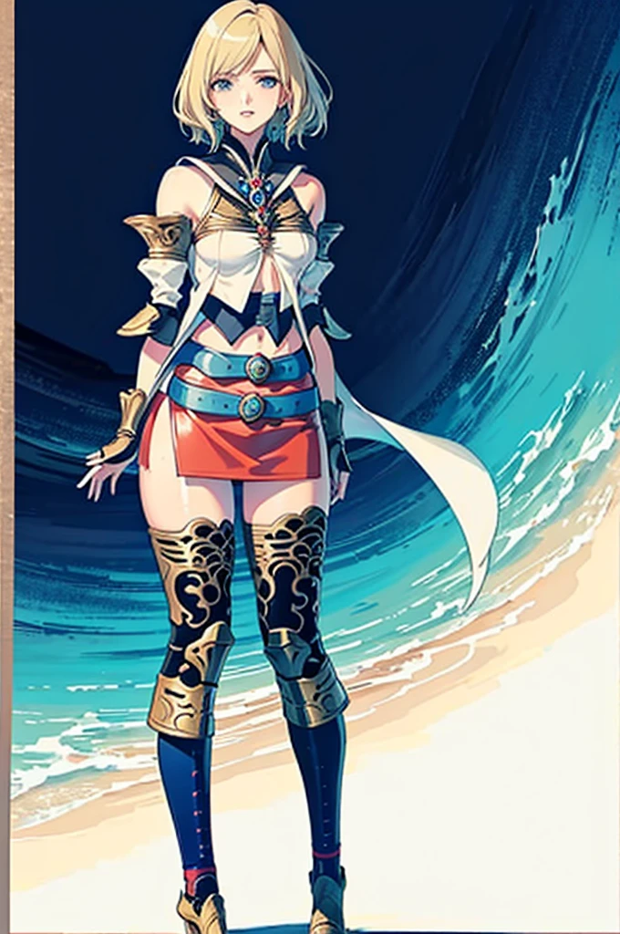 (masutepiece, of the highest quality, Best Quality, Official art, Beautiful and aesthetic:1.2), ighly detailed, Colorful,highest details,Illustrations, fantastical scenes, 1girl in, Solo, (Final Fantasy 12,Ashelia, shorth hair, Ashelia Costume, a miniskirt, thighs thighs thighs thighs, knee sox,jewely, Blue belt,Number on one of the belts), is standing, gritted teeth, Heavy breathing, move chart,Medieval fantasy