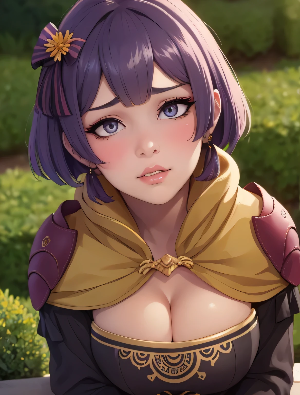 warBernie, purple dress, cleavage, hair bow, yellow gloves, (masterpiece, best quality, ultra-detailed), realistic style, very close up shot 2.0, garden 2.0, looking at viewer 2.0, perfect eyes 2.0, blushing, cute nose, very sexy smile 2.0, very luscious lips 2.0, very heavy eyeshadow 2.0, very heavy makeup 2.0, round face, very thick lips 2.0, very glossy lips 2.0, very pouty lips 2.0, shiny skin, lustrous skin 2.0, plump lips 2.0, very shy 2.0, very scared 2.0, very nervous 2.0, very timid 2.0, very heavy eyeshadow 2.0, very heavy makeup 2.0, round face, very thick lips 2.0, very glossy lips 2.0, very pouty lips 2.0, very thick lips 2.0, shiny skin, lustrous skin 2.0, plump lips 2.0, very shy 2.0, very scared 2.0, very nervous 2.0, very timid 2.0, very heavy eyeshadow 2.0, very heavy makeup 2.0, round face, very thick lips 2.0, very glossy lips 2.0, very pouty lips 2.0, shiny skin, lustrous skin 2.0, plump lips 2.0, very shy 2.0, very scared 2.0, very nervous 2.0, very timid 2.0, face shot 2.0, very close up shot 2.0, supermodel face 2.0, very toned 2.0, very toned 2.0, very beautiful 2.0, very luscious lips 2.0, very shy 2.0, very scared 2.0, very nervous 2.0, very timid 2.0, face shot 2.0, very close up shot 2.0, very heavy eyeshadow 2.0, very heavy makeup 2.0, round face, very thick lips 2.0, very glossy lips 2.0, very pouty lips 2.0, lustrous skin 2.0, shiny skin 2.0, very beautiful 2.0, very scared 2.0, very nervous 2.0, very timid 2.0, face shot 2.0, very close up shot 2.0, very beautiful 2.0, very scared 2.0, very nervous 2.0, very timid 2.0, face shot 2.0, very close up shot 2.0, very cute 2.0, very adorable 2.0,  very cute 2.0, very adorable 2.0, face shot 2.0, face shot 2.0