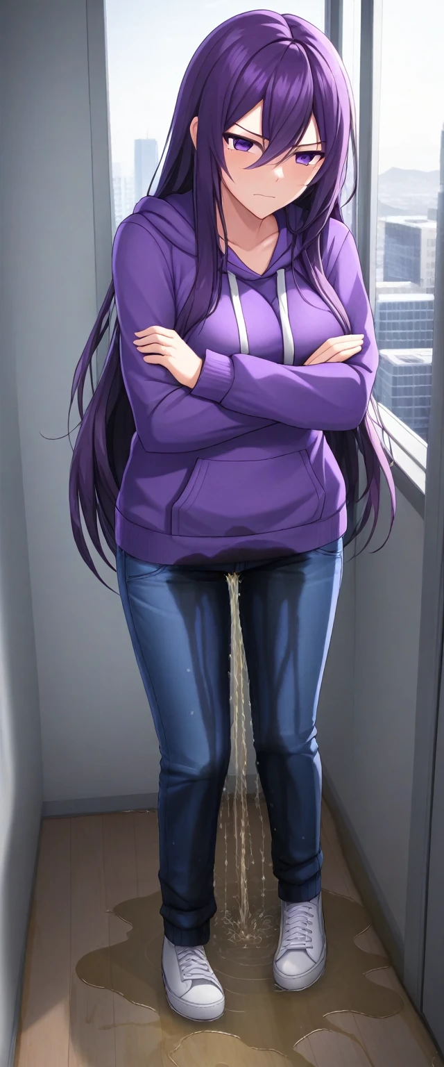 (masterpiece:1.37), best quality, (extremely detailed:1.37), (1girl:1.5), woman, (mature:1.5), (adult:1.5), large breasts, very long hair, (straight hair:1.5), (very dark purple hair:1.5), purple eyes, (extremely detailed eyes:1.37), hoodie, jeans, desperation, (wetting self:2.0), standing, embarrassed, humiliation, blushing, angry, (crossed arms:1.5), office, indoors, window, cityscape, full body