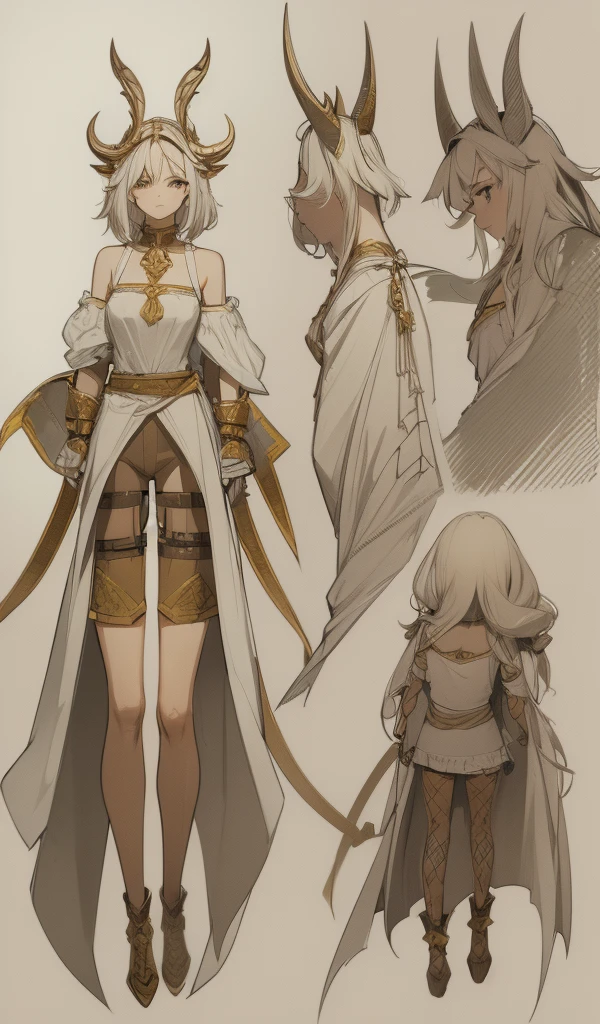 sketch (Character Design Sheet, Same characters, whole body, Three-species, Front, ~ ~ ~ side, come back),(Very bright:1.1), White background, [1 girl:7], (tilted his head:1.2), ([sketch|watercolor \(Temperate\)]:1.15),whole body, Yellow medieval summer girl, concept, vines on the hand and horns from the vines, full length, whole body, magic hunter, white shorts, SFV